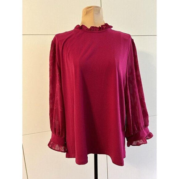 CeCe Womens Ruffle Neck 3/4 Semi Sheer Embroidered Sleeve Plumeria Size L - Picture 1 of 7